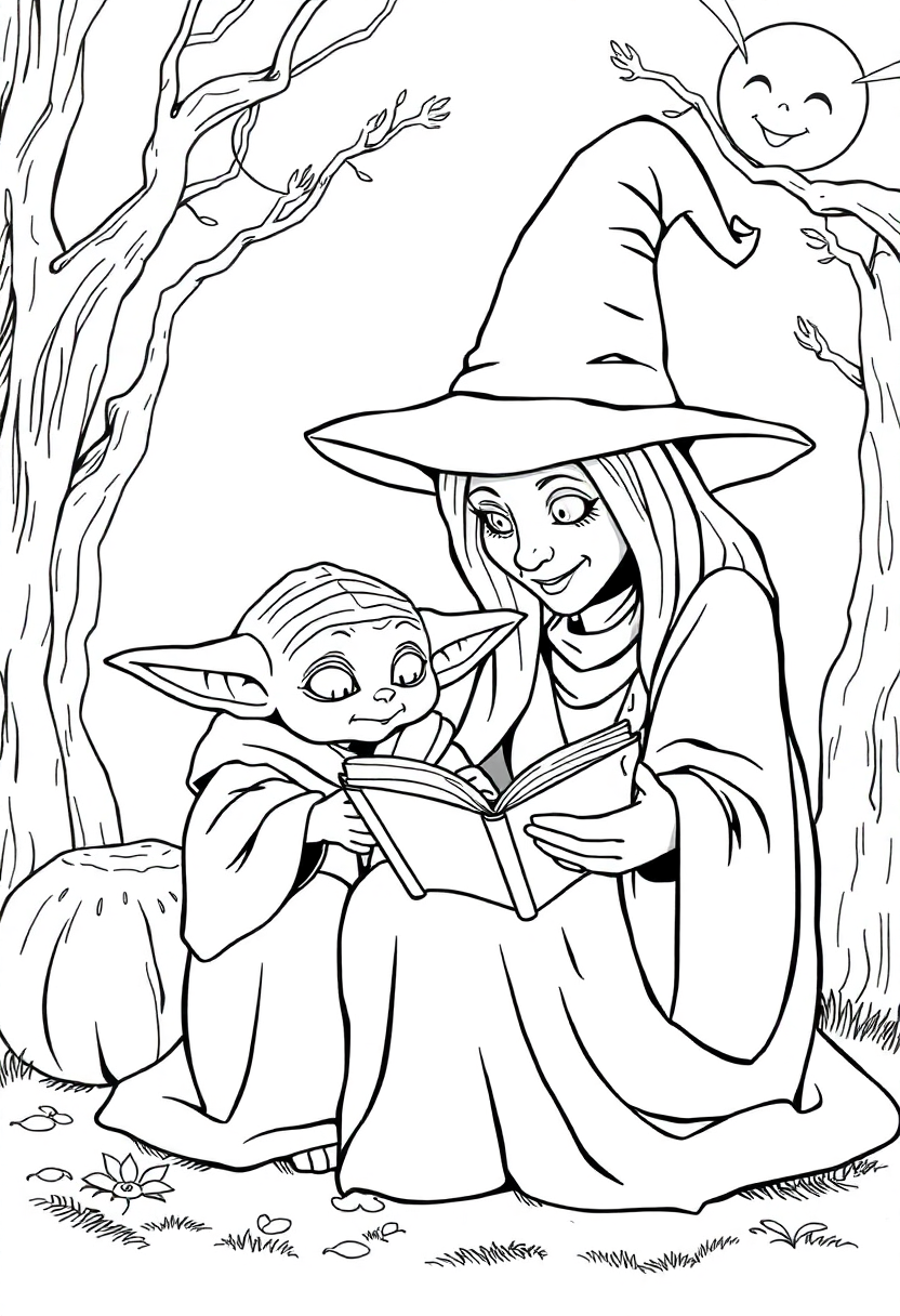 Witch and baby yoda coloring page
